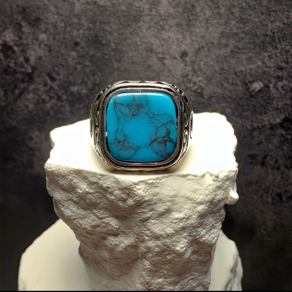 925 Sterling Silver Turquoise Signet Ring – Crescent & Star Motif (Size 9.5) 12g